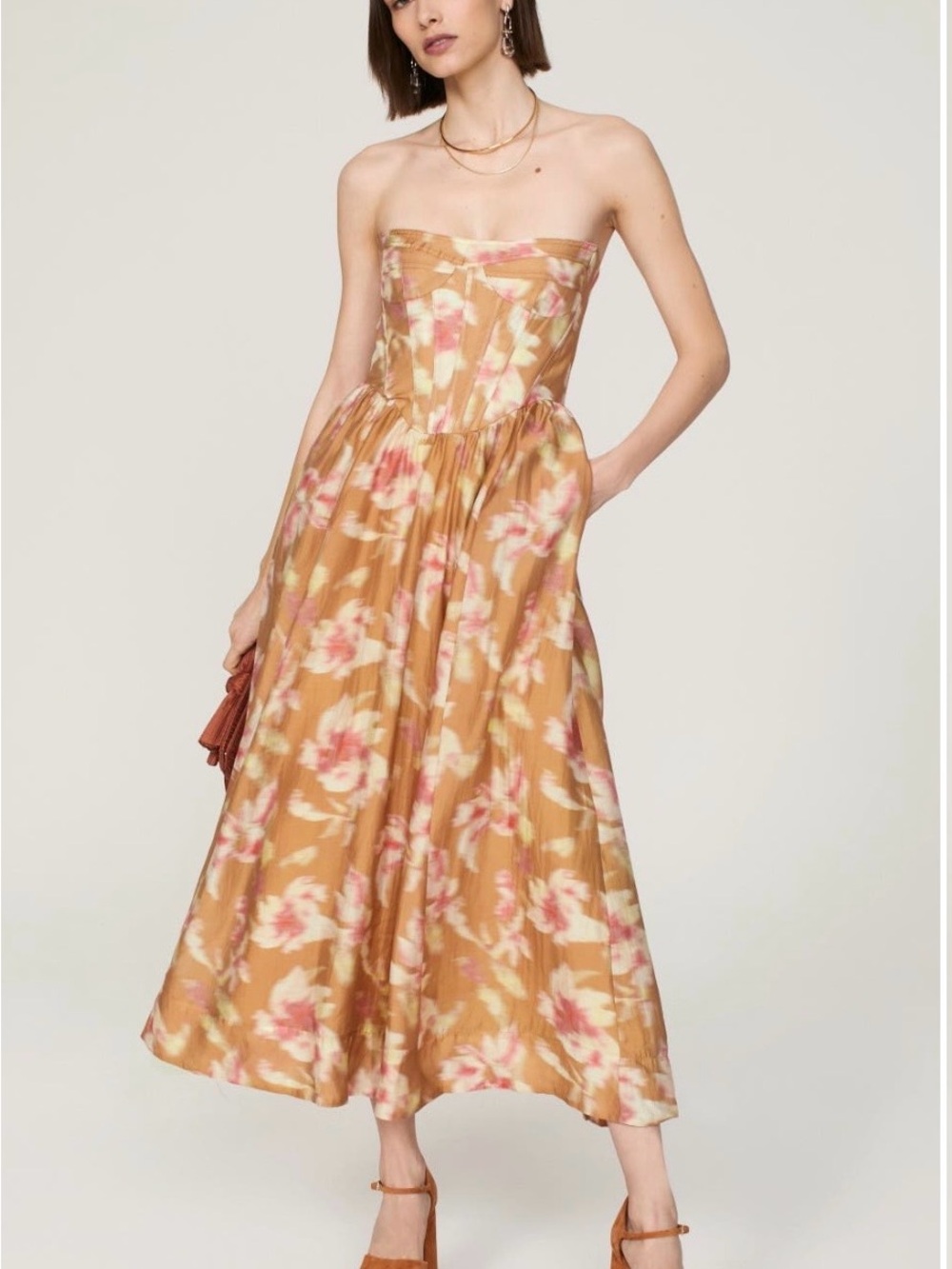 Bardot Strapless Floral Midi Dress in Mustard and Pink